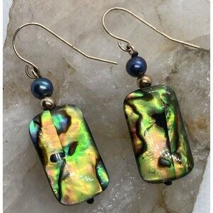 Vintage 10K‎ Yellow Gold Abalone Shell Pearl Dangle Drop Earrings 2.2g
